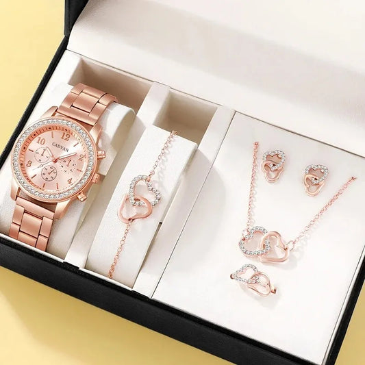 6PCS Rose Gold Heart Luxury Quartz Watch & Jewellery Set