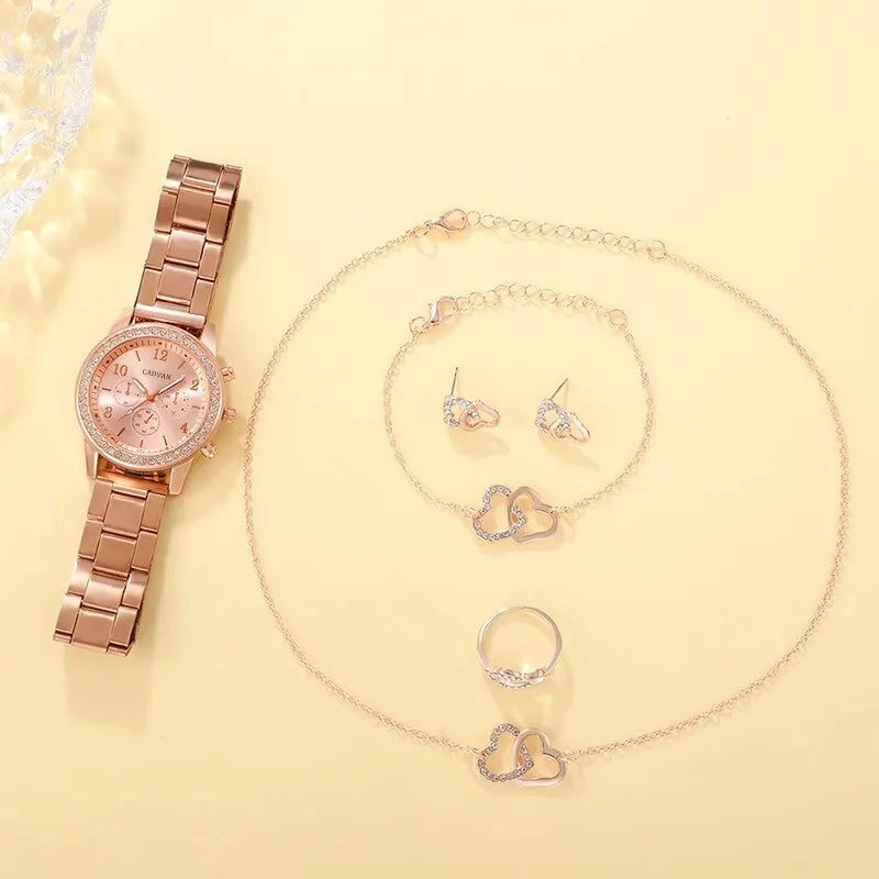 6PCS Rose Gold Heart Luxury Quartz Watch & Jewellery Set