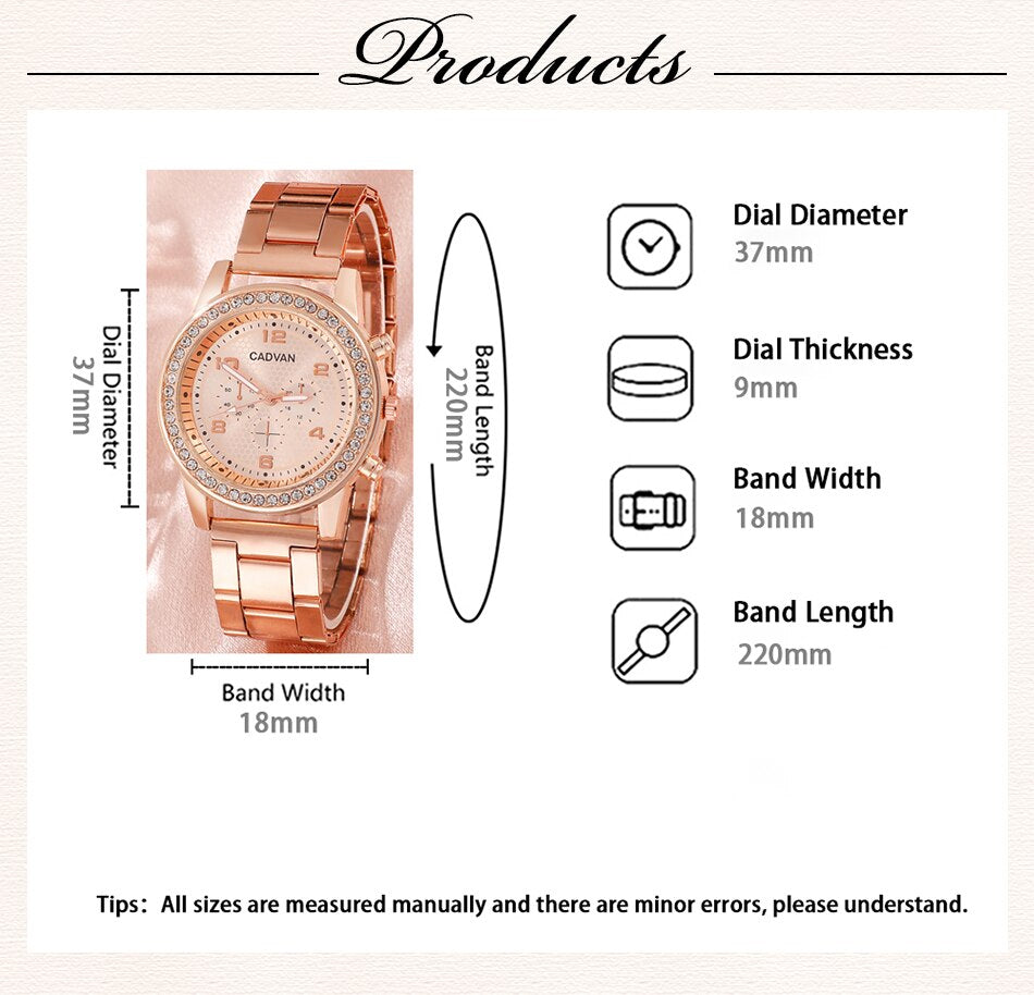 6PCS Rose Gold Heart Luxury Quartz Watch & Jewellery Set