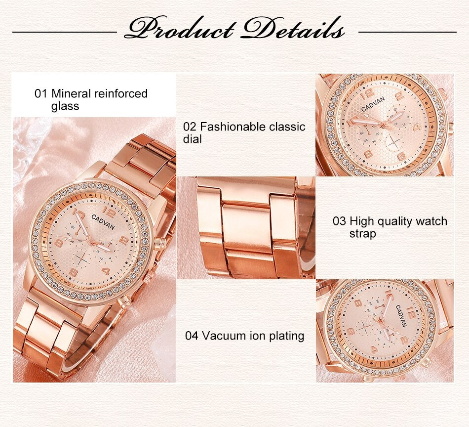 6PCS Rose Gold Heart Luxury Quartz Watch & Jewellery Set