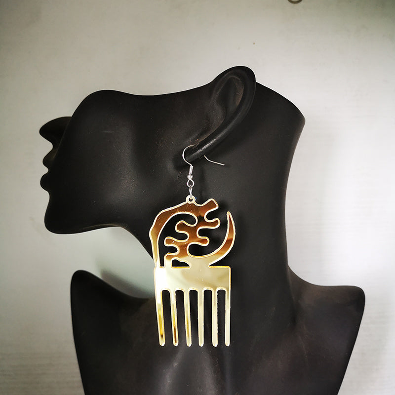 Gold Mirrored Acrylic Africa Design Drop Earrings.