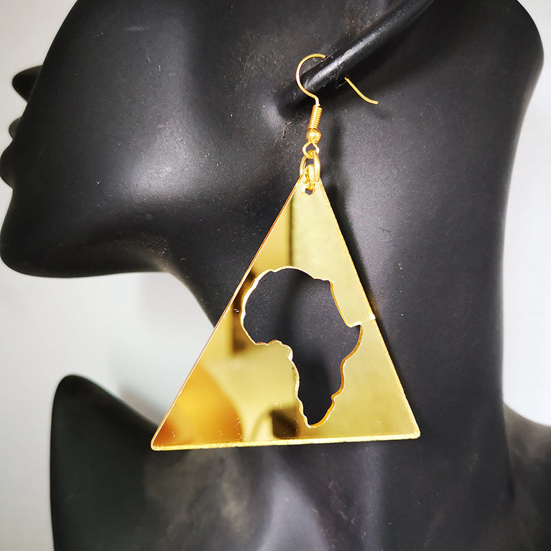 Gold Mirrored Acrylic Africa Design Drop Earrings.