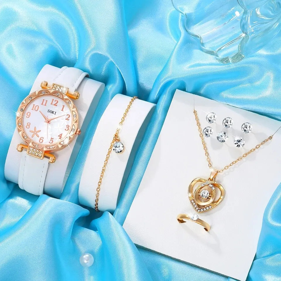 10PCS White Leather Band Watch & Jewellery Set