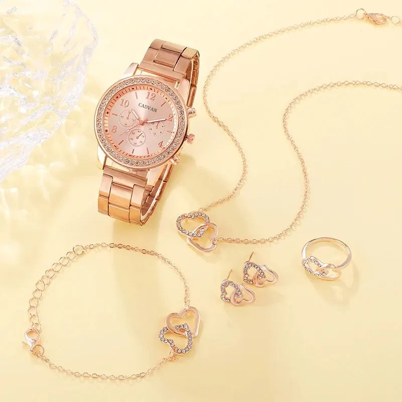 6PCS Rose Gold Heart Luxury Quartz Watch & Jewellery Set