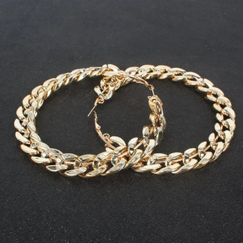 Extravagant links hoop earrings, Gold, 8cm Large