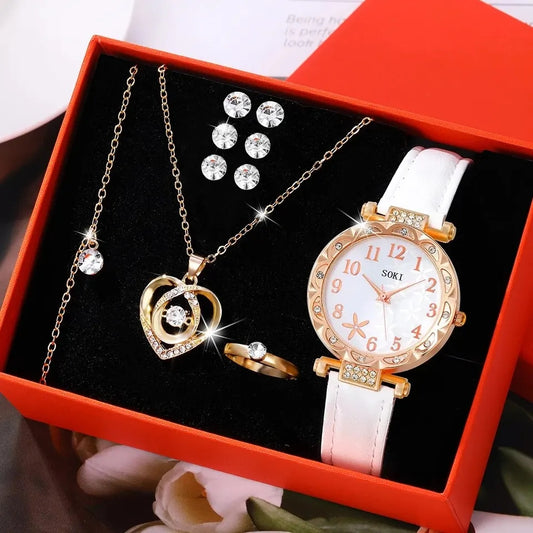 10PCS White Leather Band Watch & Jewellery Set