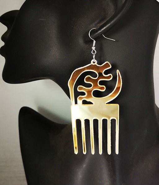 Gold Mirrored Acrylic Africa Design Drop Earrings.