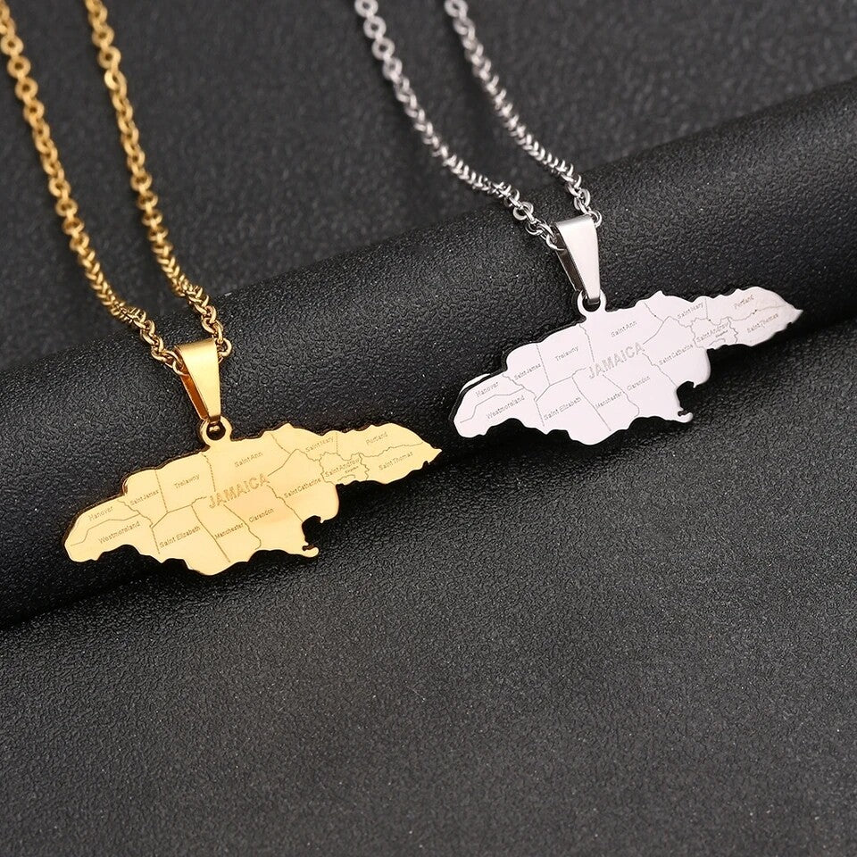 Map of Jamaica with Parish Necklace (Stainless Steel)