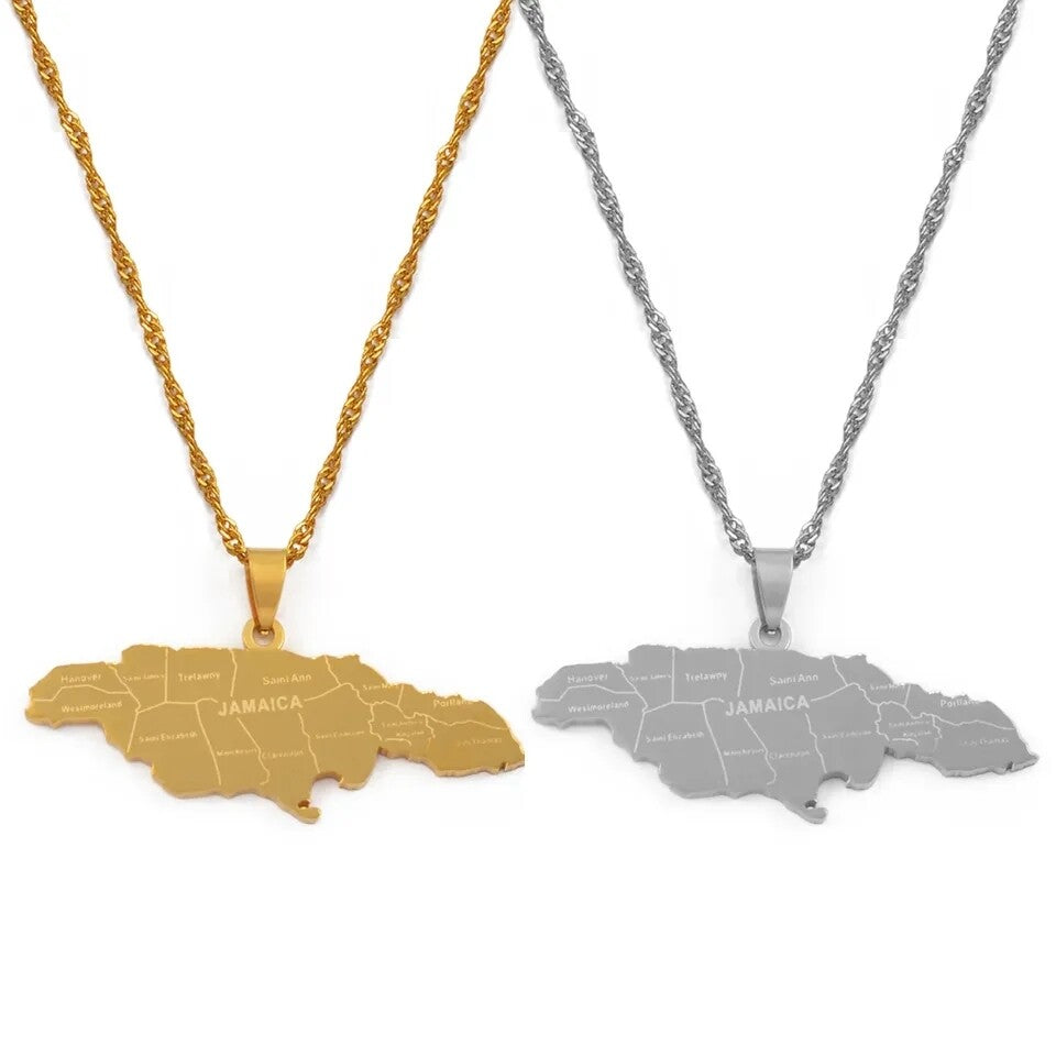 Map of Jamaica with Parish Necklace (Stainless Steel)