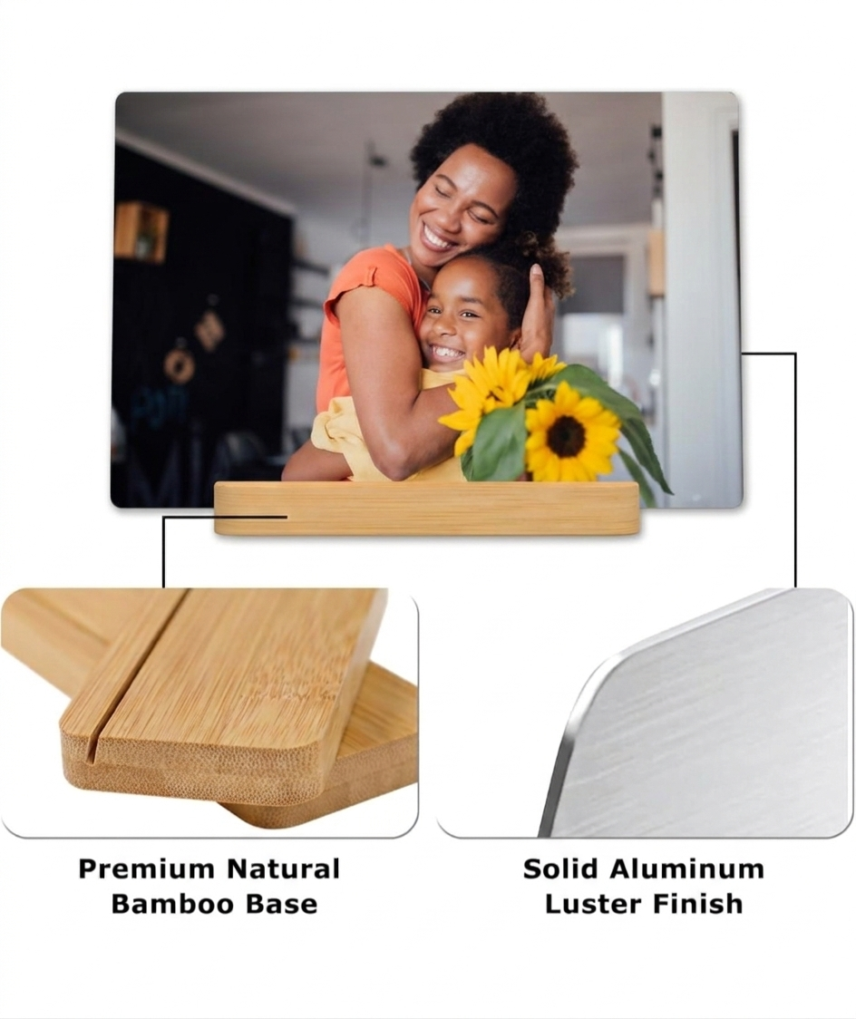 Custom Metal Photo Print with Natural Bamboo Base