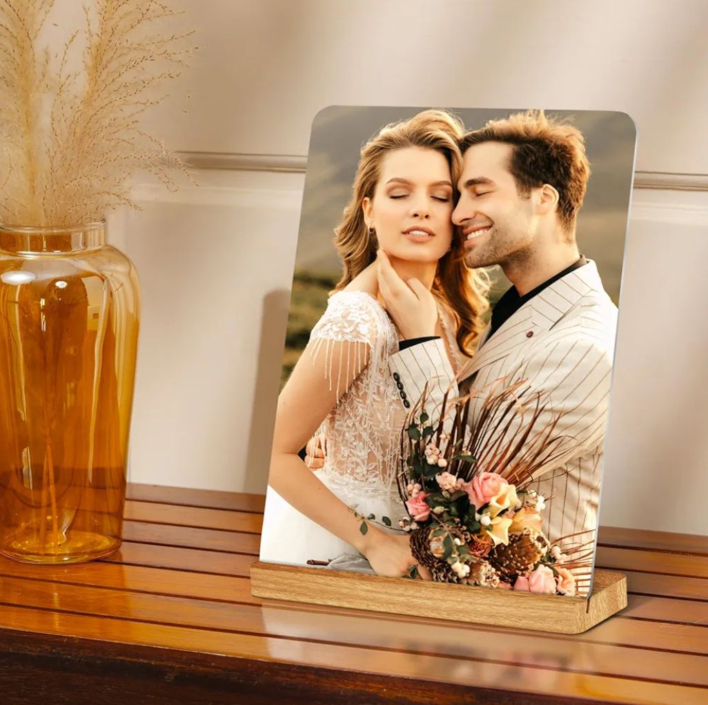 Custom Metal Photo Print with Natural Bamboo Base