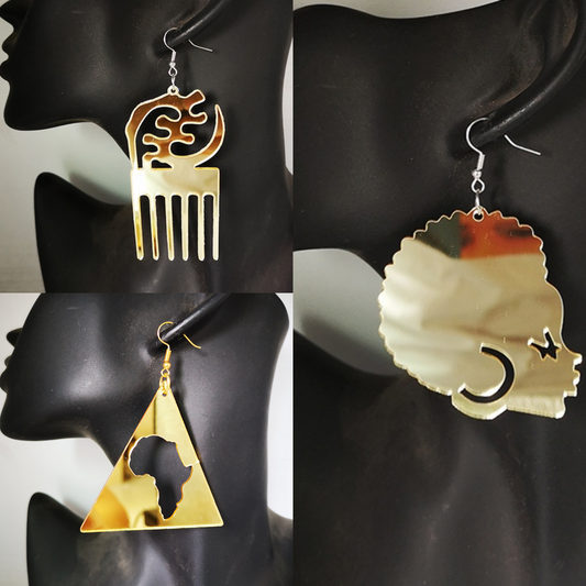 Gold Mirrored Acrylic Africa Design Drop Earrings.