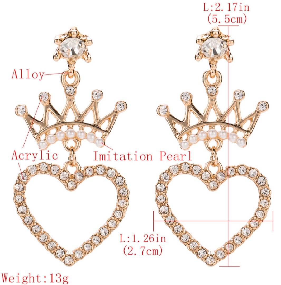 Crystal Pearl Heart Crown Statement Earrings